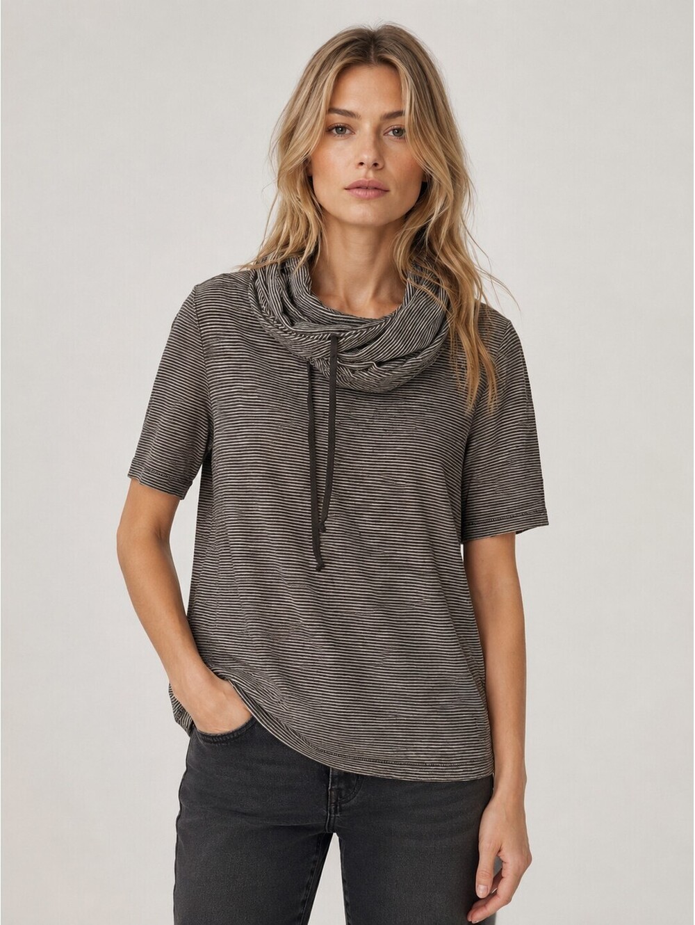 AllSaints Spitalfields Striped Funnel Neck Short Sleeve Top Brown White Cotton